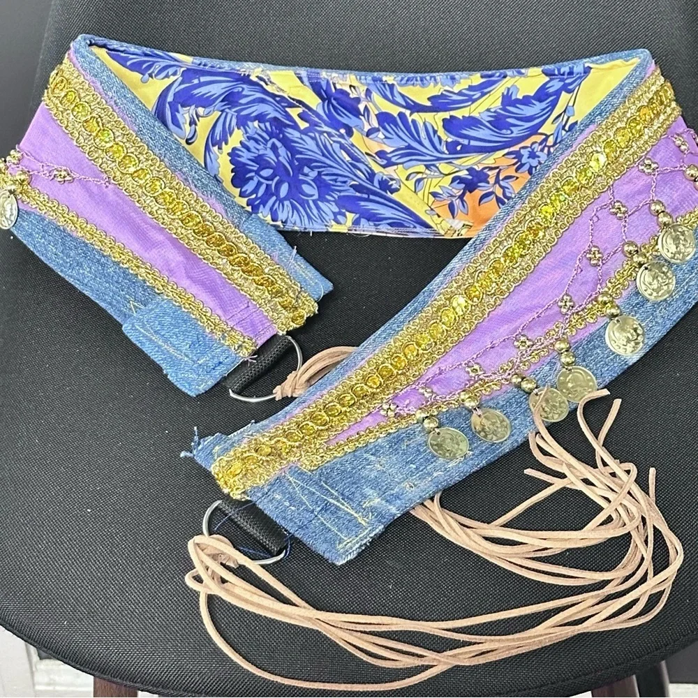 Artisan Denim Handmade Belt Gold Coin Tassel | Belly Dancer Adjustable XL SIGNED